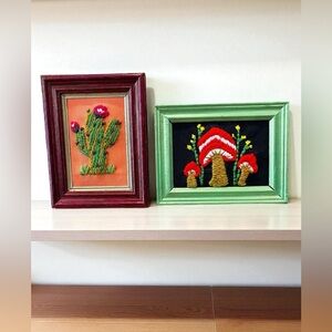 Framed Cactus and Mushroom crewel Embroidery Art repurposed frame